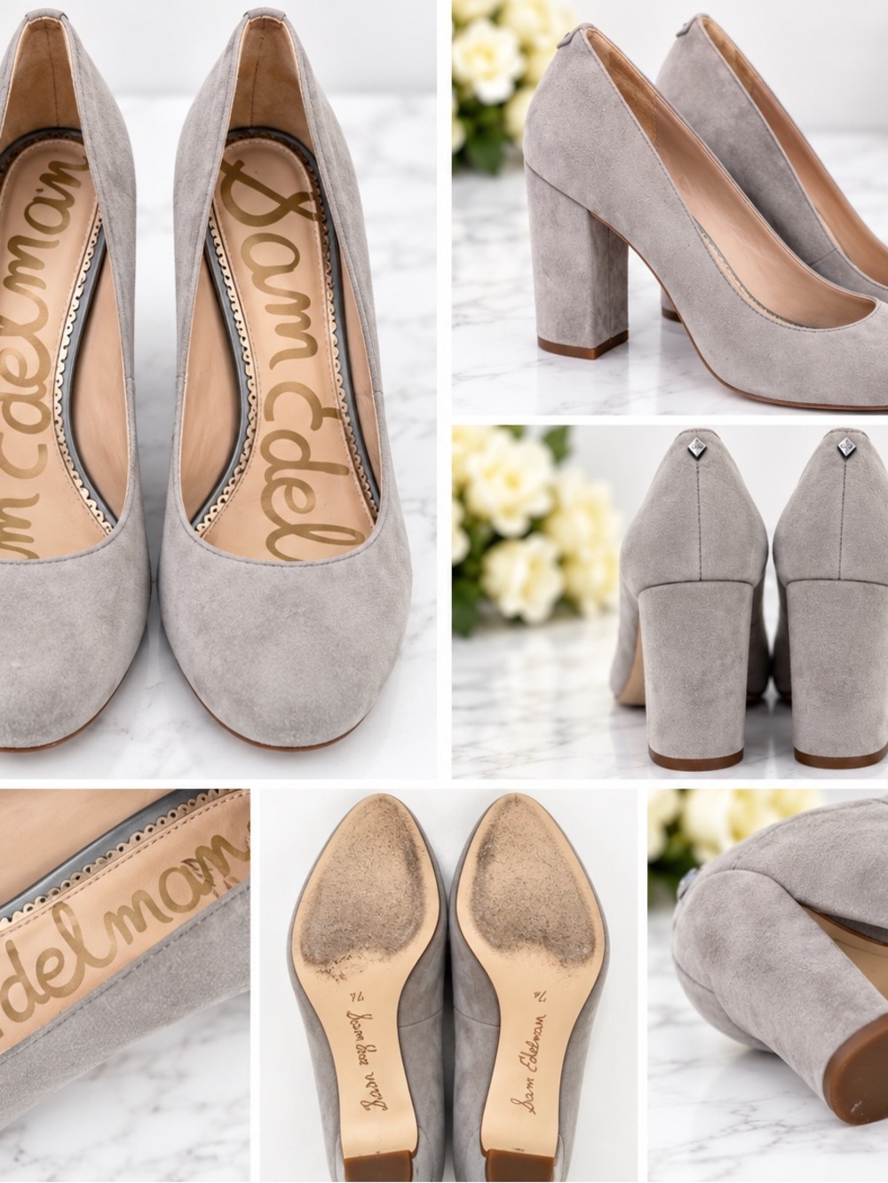 Sam Edelman Light Gray Suede Block Heel Pumps